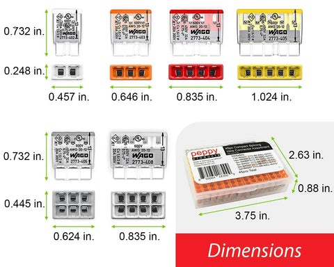 Push-In Wire Connector Kit With 45 Wall Nuts Case, Quick-Connect Splice For Solid And Stranded Conductors, Assorted 2773-402 To 2773-408, Tool-Free Convenience For Faster Electrical Wiring dimensions and sizes shown in package.