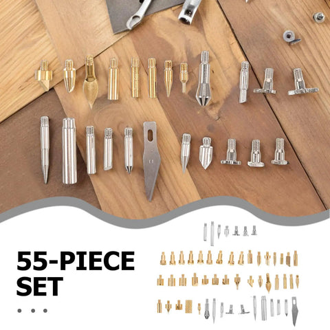 55Pcs Wood Burning Tool Set With Metal Engraving Nibs And Replacement Tips For Pyrography And Woodcrafts on wooden background