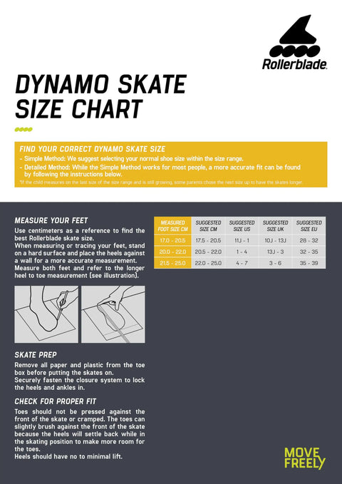 Size chart for Dynamo Kids Adjustable Inline Skates For Hockey Fans With Four Size Growth Fit And Flip Toe Cap Black And Lime Youth.