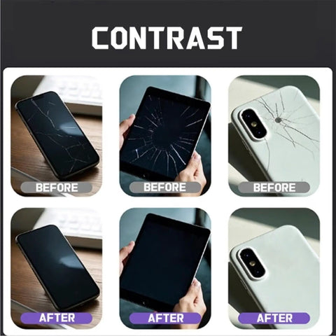 Before and after images showing effects of Pro Grade Glass Repair Kit With Precision Applicator 10ml Clear Resin Restorer For Cracks And Scratches Scratch Remover For Phone Screens Watches And Home Glass Easy Application Quick Dry Finish on devices.