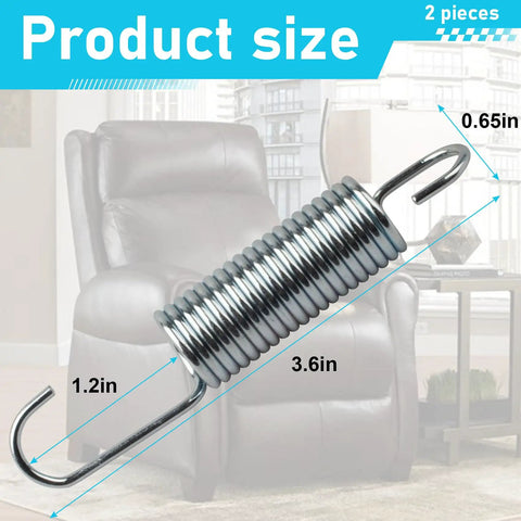 Top Shelf Recliner Springs Two Pack With Long Neck Hooks Provide Rock Solid Tension For Couch Cushions No Sweat Furniture Replacement And Pro Level Repair Gear, showing dimensions 3.6in x 0.65in.