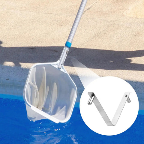 Stainless Steel Pool Pole Clips For Brush And Skimmer Attachments, Push Button Butterfly Clip Set, showing clip and net attachment