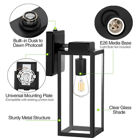 16 Inch Outdoor Wall Lantern Dusk To Dawn Sconce Waterproof Exterior Lighting Anti Rust Matte Black Porch Lamp With Glass Shade And E26 Socket