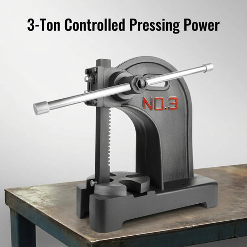 Heavy Duty Manual Arbor Press 3 Ton Desktop Punch Machine Cast Iron Hand Press on workbench showcasing its controlled pressing power.