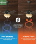42 Inch Indoor Ceiling Fan With LED Light In Bronze, showing reversible motor for summer and winter modes, pull chain operation.