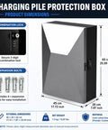 Heavy Duty EV Charger Lock Box With All Weather Rugged Cold Rolled Steel Guard For Safe Outdoor Wall Mount Storage, showing dimensions and combination lock.