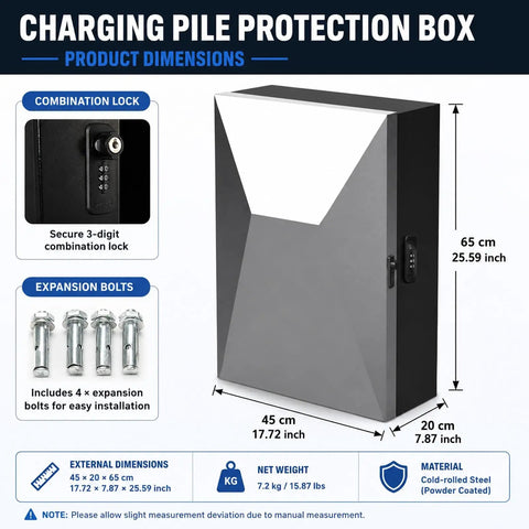 Heavy Duty EV Charger Lock Box With All Weather Rugged Cold Rolled Steel Guard For Safe Outdoor Wall Mount Storage, showing dimensions and combination lock.