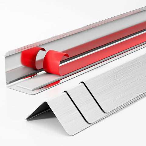 Built Tough 304 Stainless Steel Wall Corner Guards 2X2X48 Inch Metal Edge Protectors 10 Pack shown with red detailing.