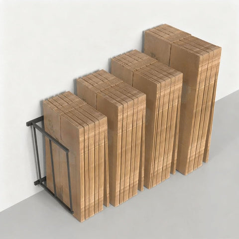 Hella Sturdy Portable Carton Storage Rack Cardboard Box Organizer With No Sweat Assembly For Art Canvases Mobile Flat File Cart Game Changer Steel Frame Home Warehouse Space Saver holding stacked cardboard boxes.