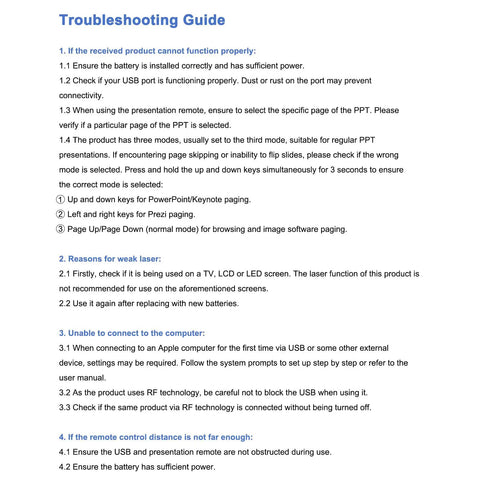 Troubleshooting guide for Wireless Presenter Remote Clicker With USB Receiver Two Four GHz Pro Grade Features.