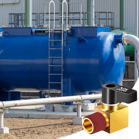 Durable Brass Air Compressor Drain Valve With One Quarter Inch NPT Male Thread Ball Type Drain Cock in front of blue tank