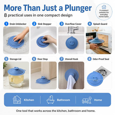 Six Inch Sleek Silicone Tub Stopper, Heavy Duty Bathtub Drain Plug With Rock Solid Suction Grip, Reusable No Fuss Anti Clog Kitchen Sink And Shower Cover, Blue demonstrated with various practical uses.