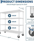 Heavy Duty Four Tier Metal Wire Storage Rack With Smooth Locking Casters And Rust Resistant Matte Finish showcasing dimensions and weight capacity.