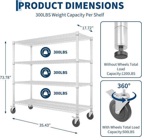 Heavy Duty Four Tier Metal Wire Storage Rack With Smooth Locking Casters And Rust Resistant Matte Finish showcasing dimensions and weight capacity.