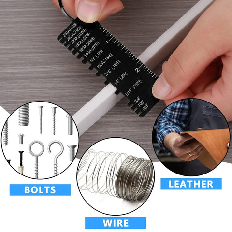 Close-up of Four Piece Double Sided Wire Gauge Tool Set for Metal Sheets, showing thickness measurement on a stainless steel gauge.
