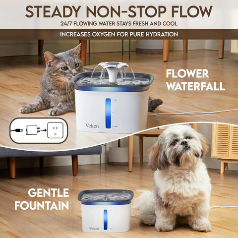 Award Winning 95oz 2.8L Pet Fountain Automatic Water Dispenser For Cats And Dogs With Replacement Filters Included Grey Plastic Multi Pet No Brainer Hydration showing flower waterfall and gentle fountain modes with a cat and a dog nearby on a wooden floor.
