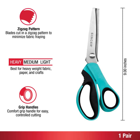 ProGrade 9 Inch Pinking Shears Stainless Steel No Fray Zigzag Cut For Clean Edges And Long Lasting Sewing Projects From Garments To Quilts Featuring Precision Edge Control And Durable Comfortable Grip, teal handle