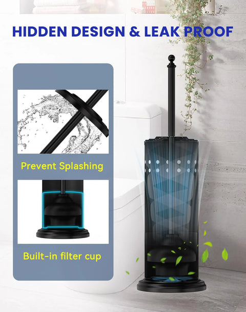 Heavy Duty Toilet Plunger With Sturdy Powder Coated Iron Holder For Modern Bathrooms And Beast Mode Suction Rubber Cup That Kicks Nasty Clogs To The Curb In Pure Black Finish, showing leak-proof design and built-in filter.
