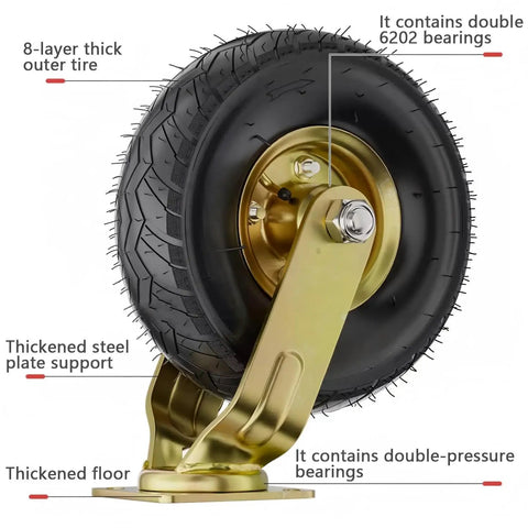 Heavy Duty Swivel Casters Kit With 10 Inch Rubber Tread Wheels, steel plate, bearings, for workbenches, carts, set of 2.