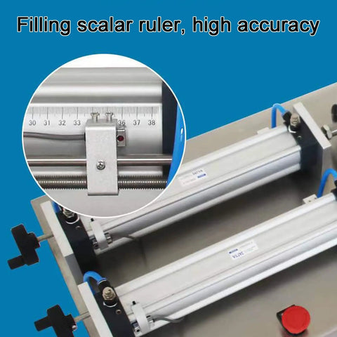 Filling scalar ruler on Straight Up Reliable Double Head Pneumatic Liquid Filling Machine for precise 10 to 100 ml bottling.