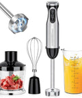 Four In One Stainless Steel Immersion Blender With 20 Variable Speeds And Turbo Boost with whisk and measuring cup.