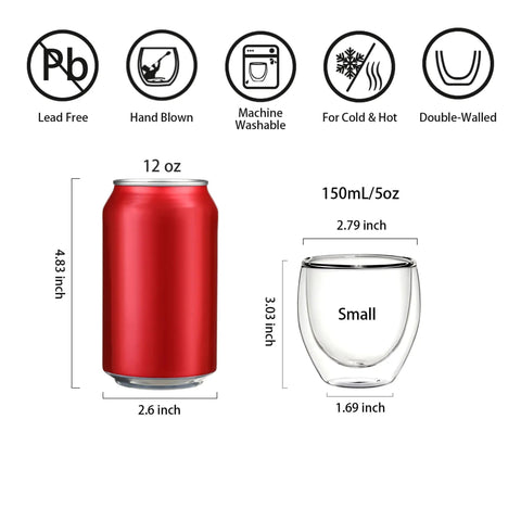 Size comparison between a 12oz red soda can and Double Wall Insulated Espresso Cups 5 Oz Glass Set Of 2 For Coffee Machines