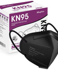 Black KN95 face mask in front of 50-pack box, 5-layer design for high filtration, comfy all day wear, breathable nonwoven and meltblown layers