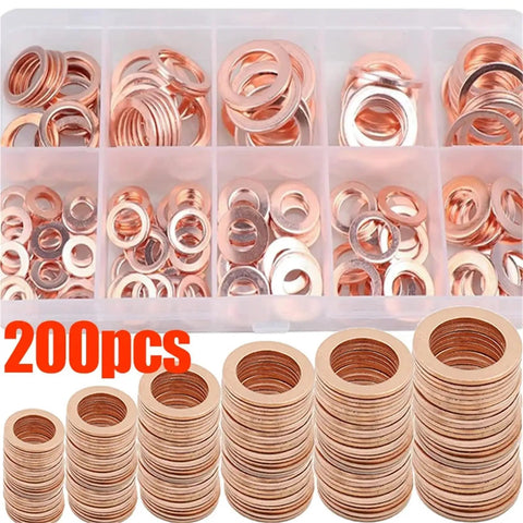 Heavy Duty Flat Copper Washers Kit With Universal O Ring Gasket Set For Auto Repair Including M6 To M14 Sump Plug Oil Seals That Are Heat Resistant And Built To Last Through Every Grease Monkey Session Under The Hood, 200pcs M6-M14 in organizer