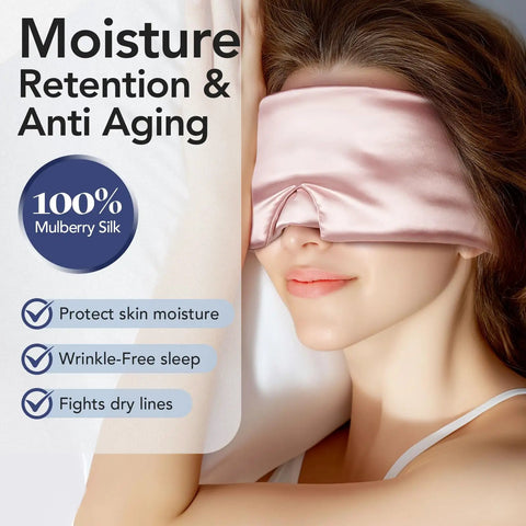 Woman wearing 100 Percent Mulberry Silk Sleep Mask For Women Adjustable Comfort Side Sleeper Friendly Full Blackout Eye Cover For All Night Sleep Travel Office Or Naps Pink lying on pillow