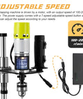 Consfly Electric Tapping Machine for Wood Plastic Metal showing adjustable speed motor with 100-200 Rpm output and power supply.