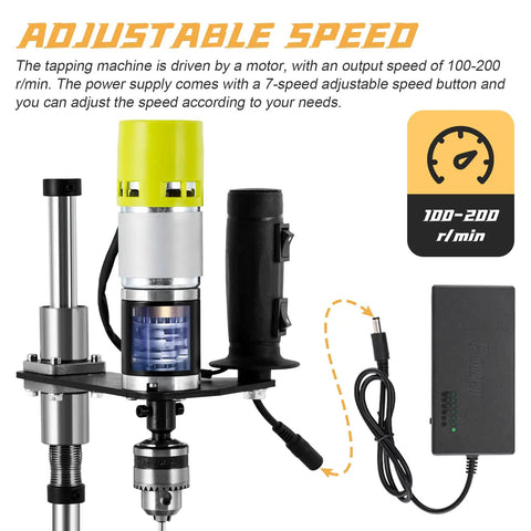Consfly Electric Tapping Machine for Wood Plastic Metal showing adjustable speed motor with 100-200 Rpm output and power supply.