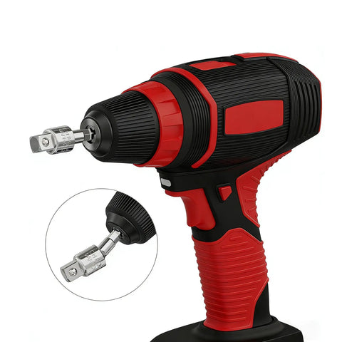 360 Degree Rotating Power Drill Bit Extension Set With One Quarter Inch Three Eighths And One Half Inch Socket Adapters shown installed on a drill