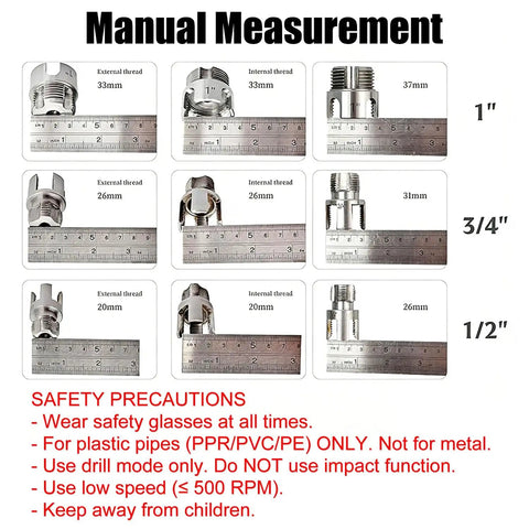 Manual measurement of Drill Powered PVC Pipe Threader Dual Function Internal And External Threads for 1, 3/4, and 1/2 inch pipes.