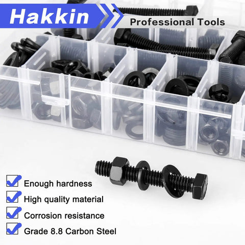 Tough As Nails 272 Piece Hex Bolts And Nuts Assortment Kit featuring black Grade 8.8 carbon steel machine screws and flat lock washers.
