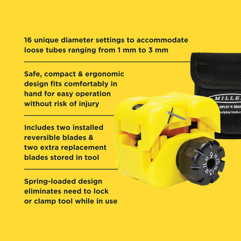 Midspan Fiber Access Tool With Pouch For Technicians, Electricians And Installers, highlighting 16 self-aligning sizing channels.