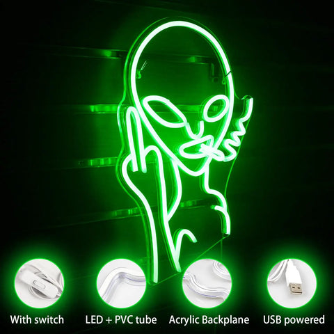 Green Alien LED Neon Sign Wall Decor For Bar Pub Man Cave Game Room Hip Hop Party And Bedroom Aesthetic, USB powered