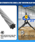 FITHOIST electric hoist winch with 6mm anti-twist steel cable, 25.6 ft length, and a 360° rotating hook lifting a pallet.