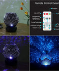 Galaxy Star LED Night Light Projector With Bluetooth Music Player, showing rotating base and remote control interface.