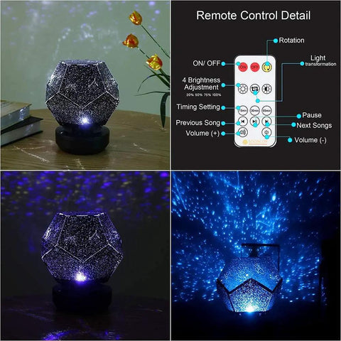 Galaxy Star LED Night Light Projector With Bluetooth Music Player, showing rotating base and remote control interface.