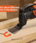 JORGENSEN oscillating multi-tool front view with blade, orange/black, cutting wood.