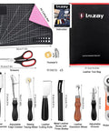 Starter Friendly Leather Working Kit, 415 Piece Tool Set Packed With Punching, Sewing, Stamping, Sanding, Cutting, Carving And Edge Beveling Tools In A Sturdy Leather Tool Storage Bag displayed with tools and accessories.