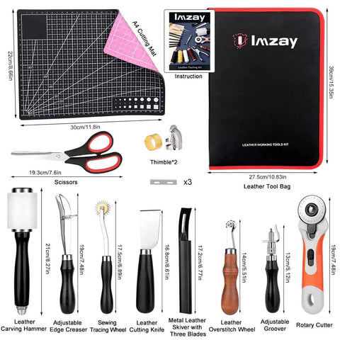 Starter Friendly Leather Working Kit, 415 Piece Tool Set Packed With Punching, Sewing, Stamping, Sanding, Cutting, Carving And Edge Beveling Tools In A Sturdy Leather Tool Storage Bag displayed with tools and accessories.