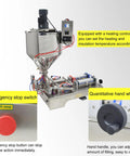 Horizontal Pneumatic Paste Liquid Filling Machine With Heating And Stirring Function Stainless Steel Dual Nozzle 100 To 1000 Ml Capacity showing heating controller and emergency stop switch.