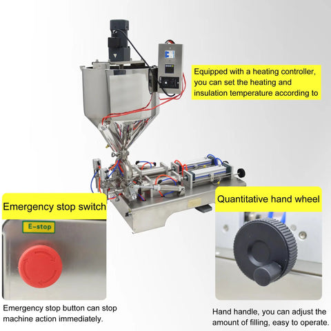 Horizontal Pneumatic Paste Liquid Filling Machine With Heating And Stirring Function Stainless Steel Dual Nozzle 100 To 1000 Ml Capacity showing heating controller and emergency stop switch.