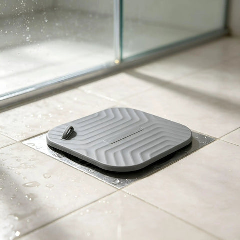 Shower Drain Cover Tub Stopper Square Silicone Floor Drain Cover positioned in a wet shower area, measuring 5.9x5.9 inches.