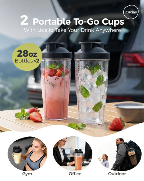 28 Oz Blender Cup Replacement With To Go Lids Pack Of 2 BPA Free Travel Shaker Cups for protein shakes and smoothies, outdoor setting