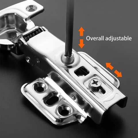 Adjustable concealed stainless steel cabinet hinge with quiet soft close, showing screw and overlay style. No more slams.