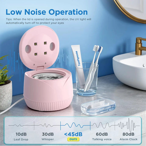 At Home 45kHz Ultrasonic Retainer Cleaner With Digital Timer And 200ml Tank No Fuss Deep Clean For Dentures Aligners Mouth Guards Night Guards Braces Toothbrush Heads And Jewelry Pink on bathroom counter