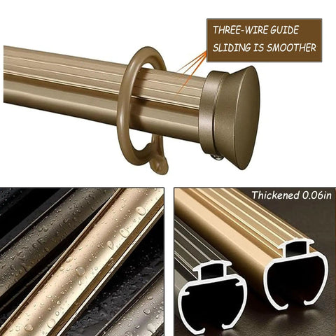 Double Curtain Rod Set Wall Mounted Heavy Duty Track With Silent Rollers, Sliding Drapery System For Windows, Gold Finish 1.8m, Ideal For Living Room Or Bedroom, Use Back Rod For Sheer Muslin And Front Rod For Blackout. Gold aluminum double curtain track with silent rollers and end cap