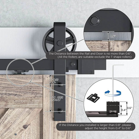 Installation details for Invisible Black Barn Door Soft Close Kit, showing mounting measurements and rail placement for smooth sliding.